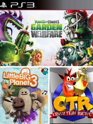 3 juegos en 1 Plants vs Zombies Garden Warfare Mas LittleBigPlanet 3 Mas CTR Crash Team Racing PS3